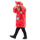 Child wearing a bright red Cbeebies Love Monster costume with hood and playful details