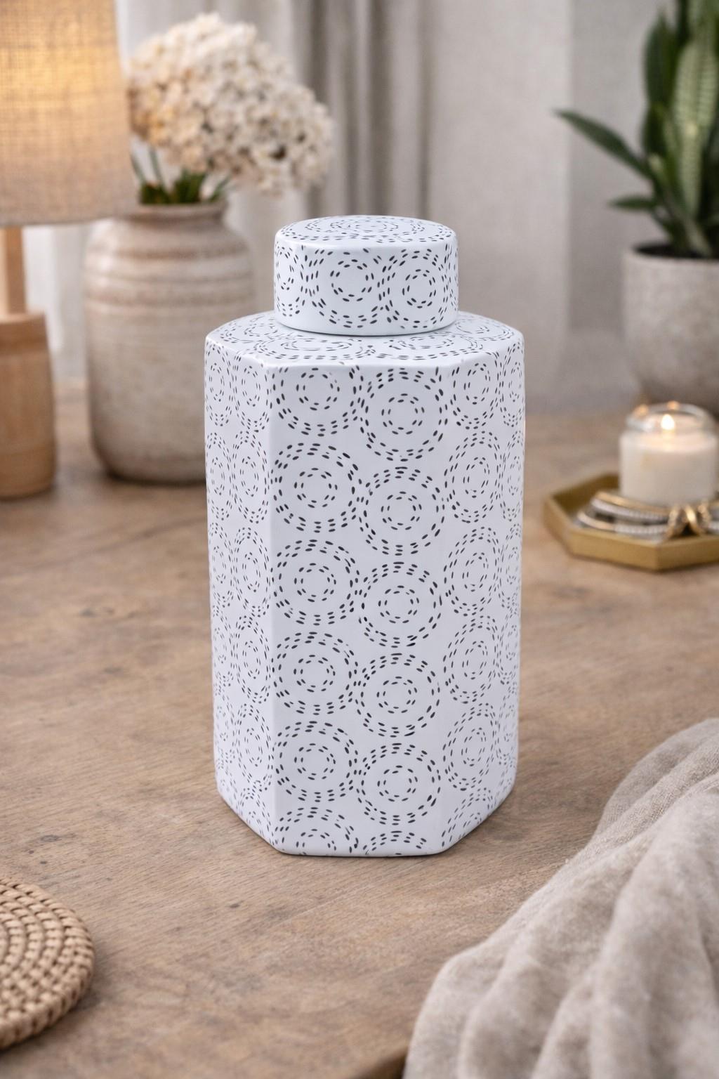 White Hexagonal Ceramic Vase with Black Swirl Pattern H23cm