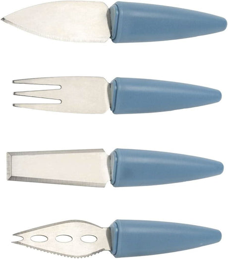 Calitek cheese knife set with stand featuring four stainless steel knives with blue handles