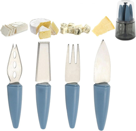 Calitek cheese knife set with stand featuring four stainless steel knives with blue handles for cutting various cheeses