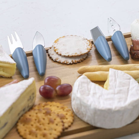 Calitek cheese knife set with stand featuring five stainless steel knives with blue handles on wooden board