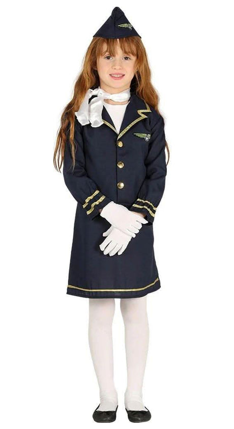 Young girl wearing a navy blue child air hostess costume with matching hat and white gloves