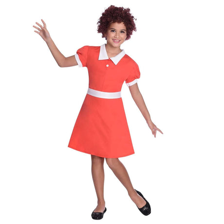 Child wearing red and white Child Annie costume dress with short sleeves and black shoes