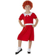Child wearing a red and white child Annie costume with curly red wig and black shoes
