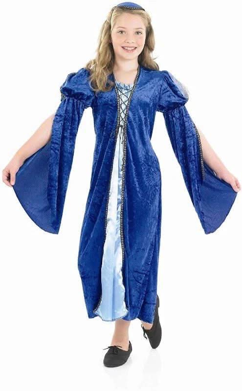 Child blue Tudor girl costume featuring long velvet dress with flared sleeves and lace-up front