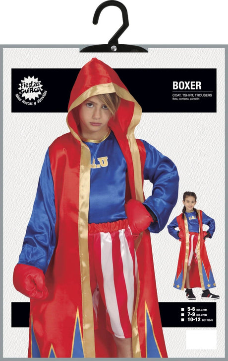 Child boxing costume USA with red and blue hooded robe red gloves and striped shorts