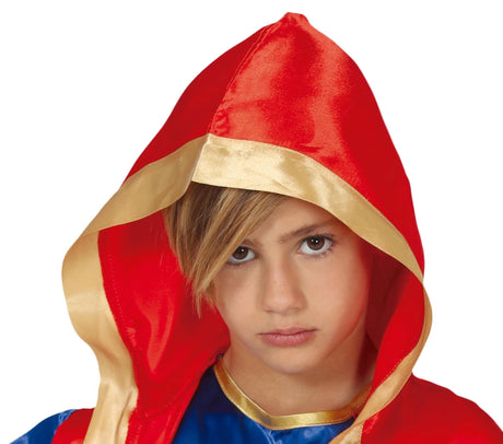 Child wearing a red and gold hooded child boxing costume USA with serious expression