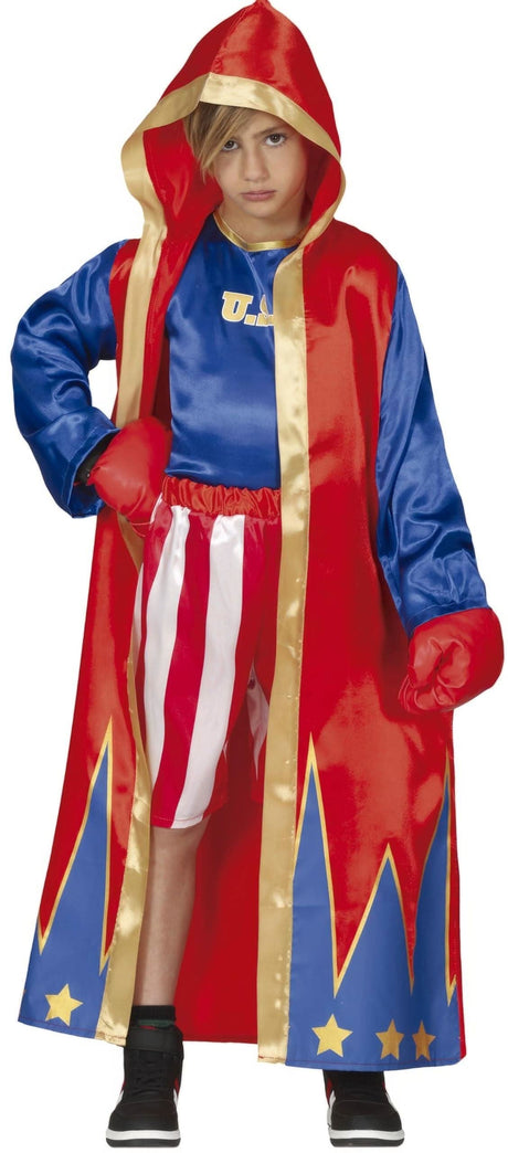 Child boxing costume USA featuring red blue and white robe with gloves by Kids Fancy Dress
