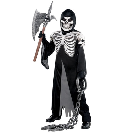 Child wearing a skeleton grim reaper child carnival costume 14-16 years with hood, axe, and chain accessory