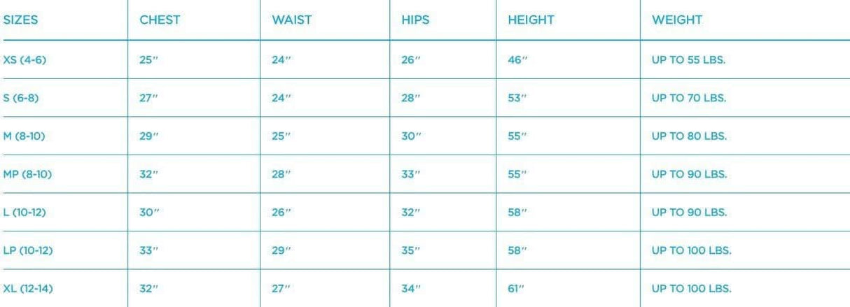Size chart for Kids Fancy Dress child cat costume including chest waist hips height and weight measurements