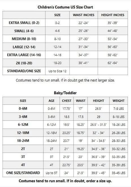 Kids Fancy Dress child circus ringmaster costume size chart for children and toddlers with waist and height measurements