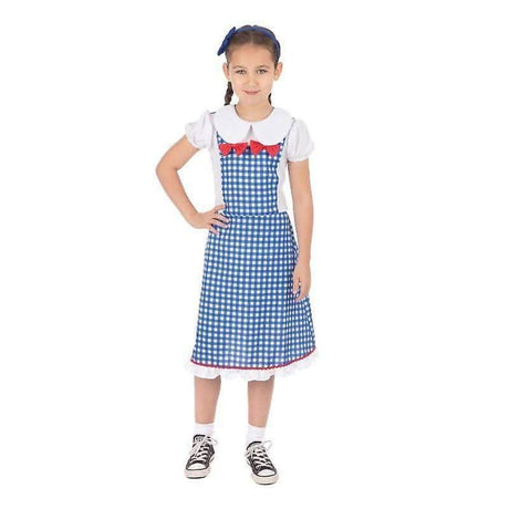 Girl wearing a blue and white checkered child Dorothy costume 8-10 years with red bow details