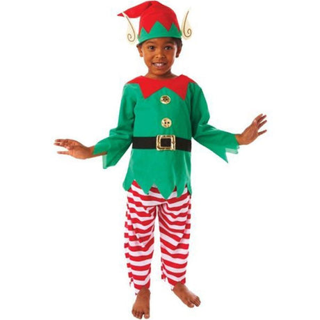 Child wearing a colorful child elf costume 3-5 years with green top and red striped pants