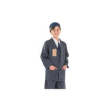 Boy wearing a child evacuee costume boy in dark jacket, pants, tie, and cap with luggage tag