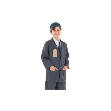 Boy wearing a child evacuee costume boy in dark jacket, pants, tie, and cap with luggage tag