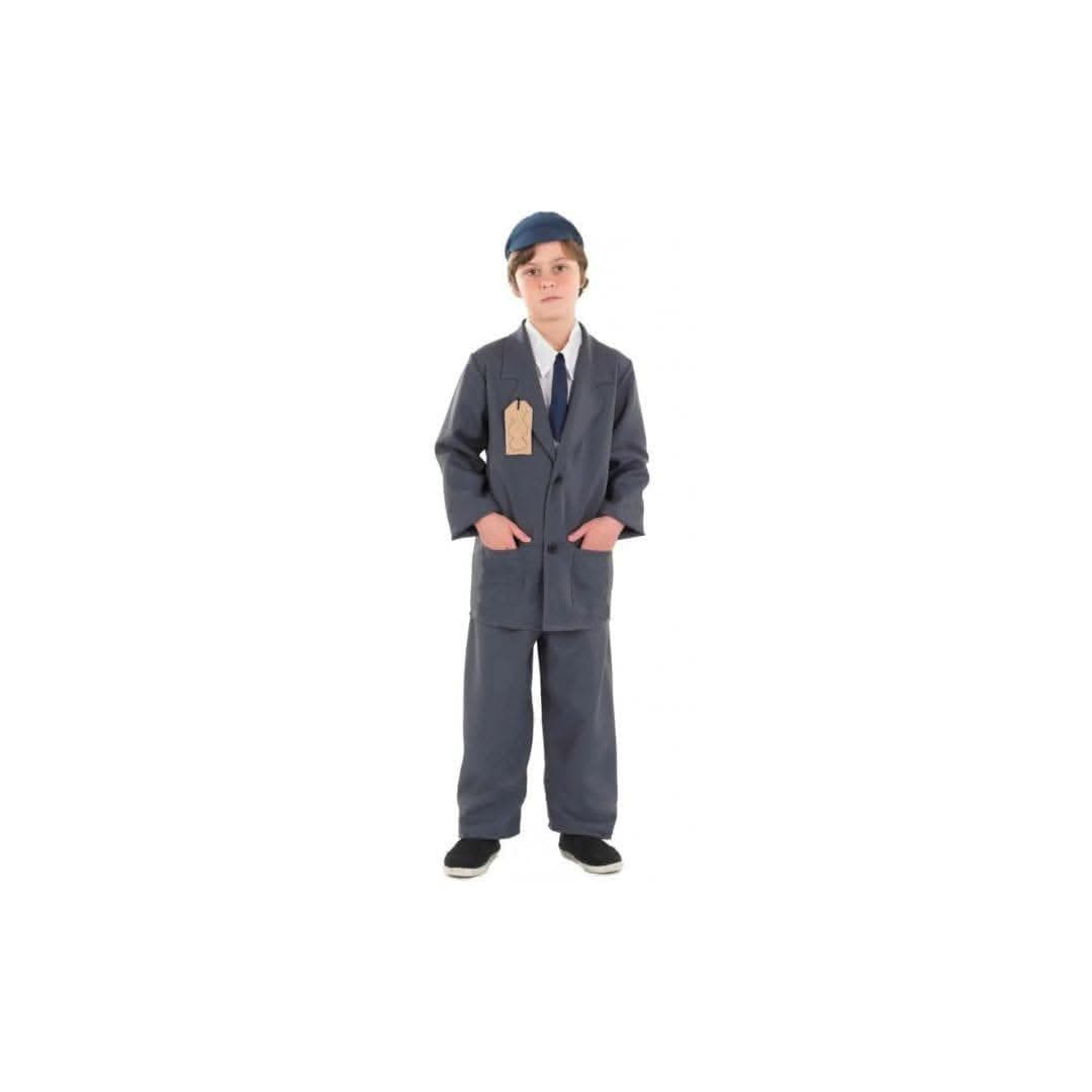 Child evacuee costume boy wearing vintage gray suit with tie and blue cap from CLICKK Home Store