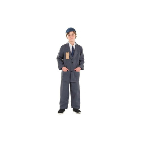 Child evacuee costume boy wearing vintage gray suit with tie and blue cap from CLICKK Home Store