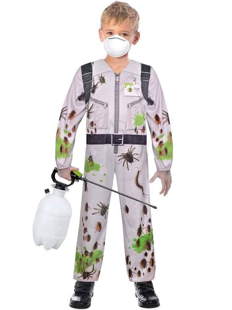 Child wearing a child exterminator costume with pest print and carrying a spray tank
