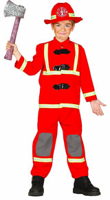 Boy wearing a child firefighter costume 7-9 years with red jacket, pants, helmet, and holding a toy axe