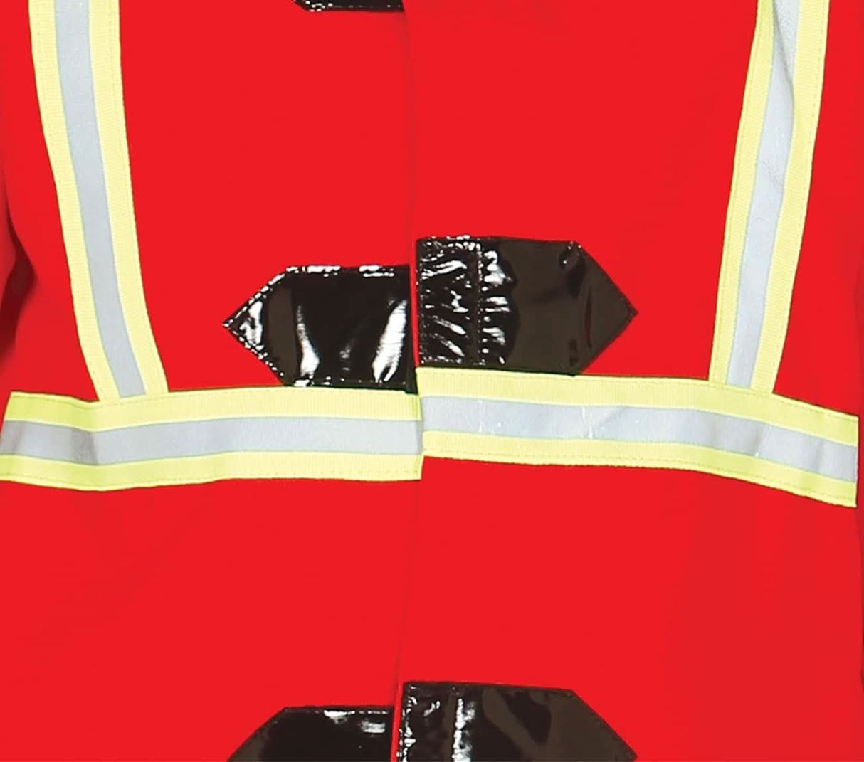 Close-up of red child firefighter costume 7-9 years with reflective yellow and silver stripes and black details
