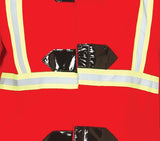 Close-up of red child firefighter costume 7-9 years with reflective yellow and silver stripes and black details