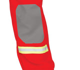 Close-up of red child firefighter costume 7-9 years sleeve with reflective yellow and silver strip