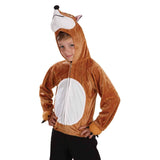 Child wearing a brown and white child fox hoodie XL with a zip front and attached fox face hood