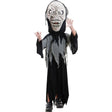 Child wearing a scary child ghoul Halloween costume with a large skull mask and tattered black robe