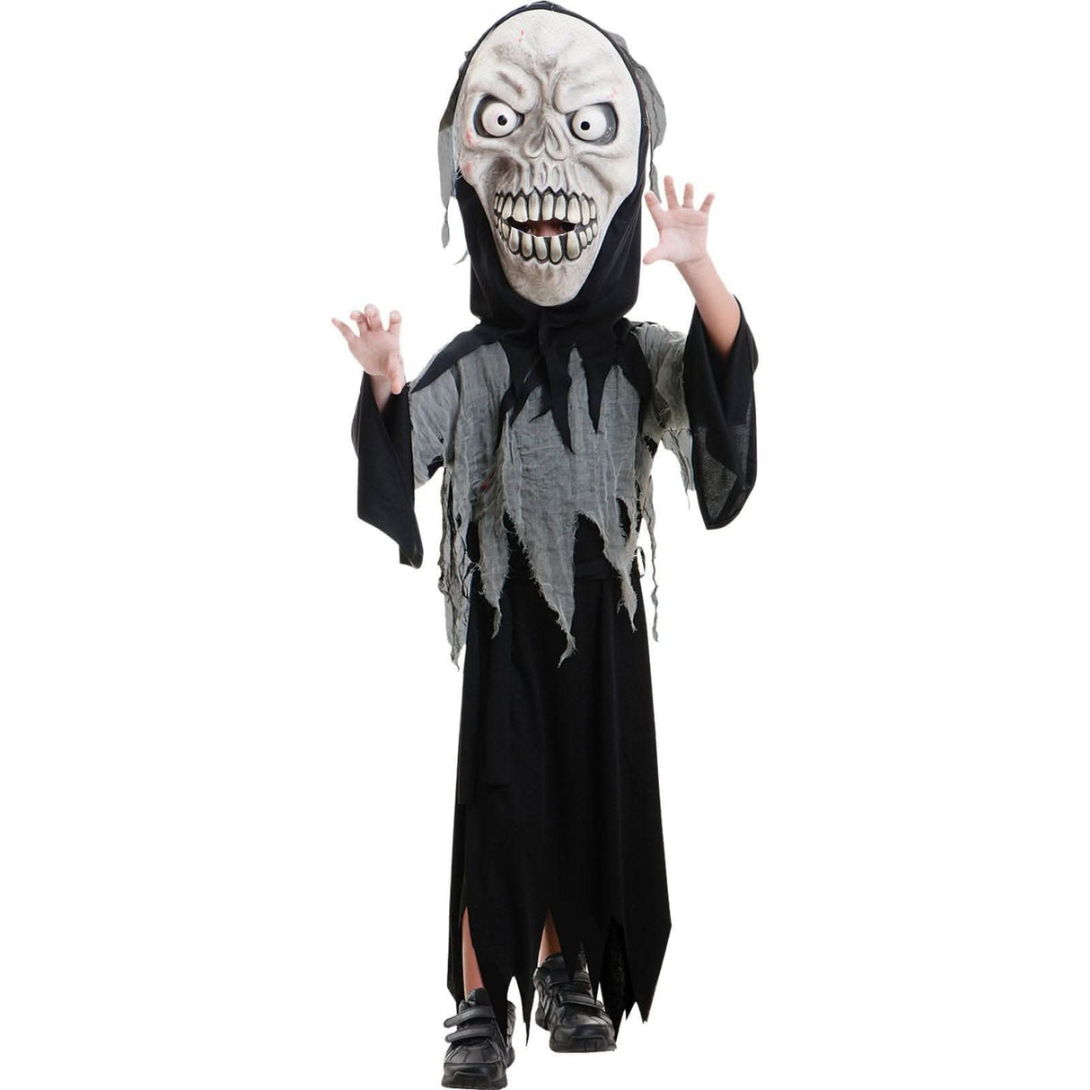 Child wearing a scary child ghoul Halloween costume with a large skull mask and tattered black robe