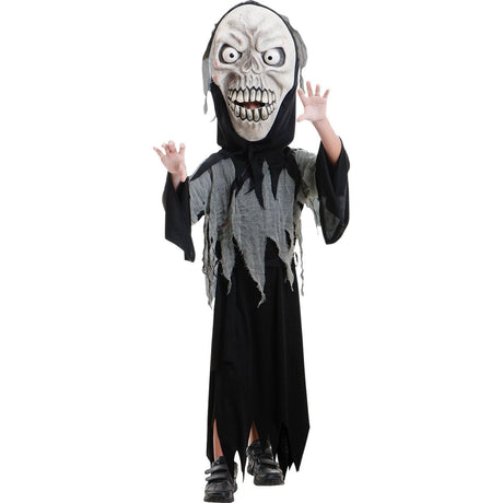 Child wearing a scary child ghoul Halloween costume with a large skull mask and tattered black robe