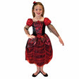 Child wearing a red and black child gothic ball gown costume with puffed sleeves and floral details