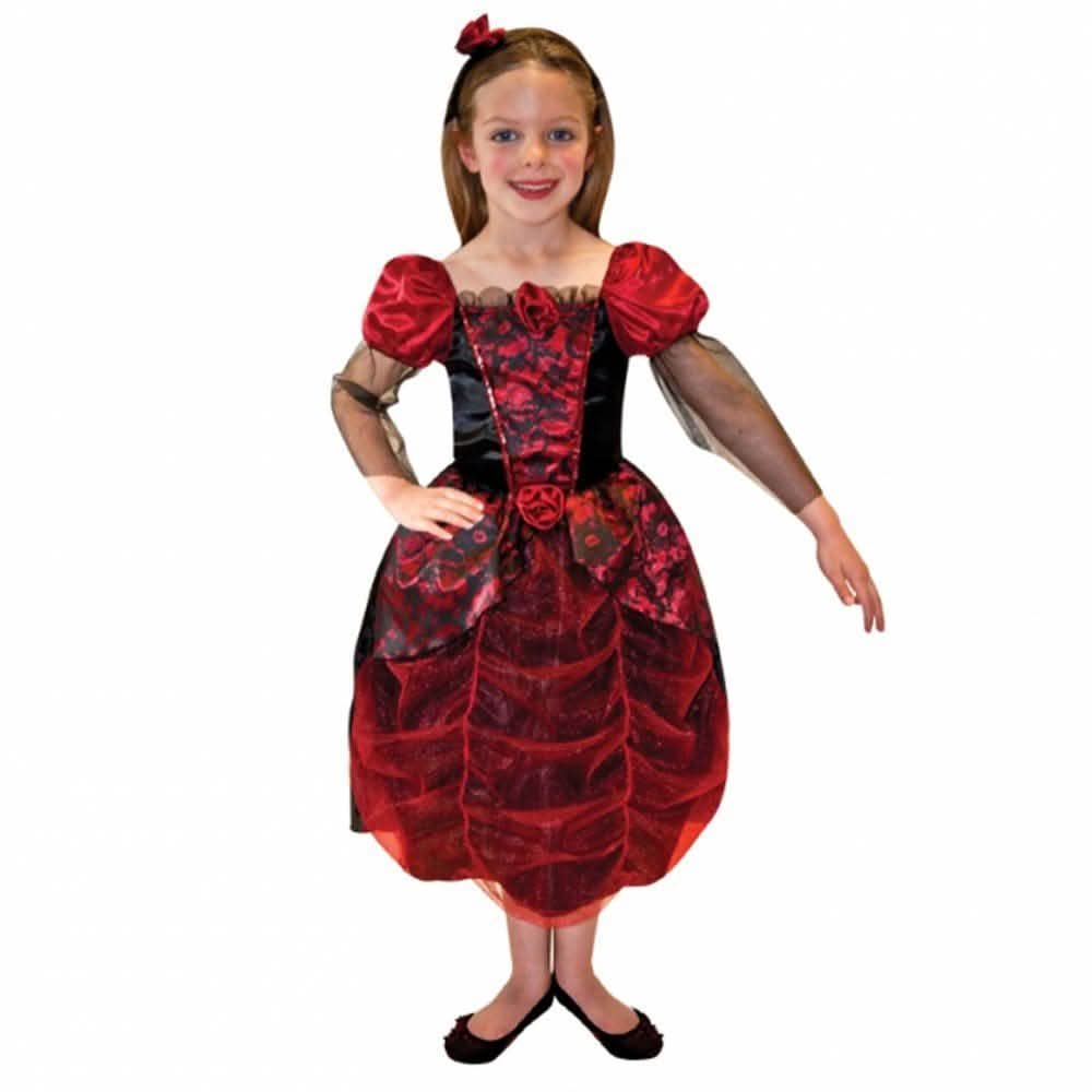Child wearing a red and black child gothic ball gown costume with puffed sleeves and floral details
