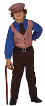 Child wearing a child grandpa costume 5-6 years with brown pants, blue shirt, checkered vest and hat, holding a cane