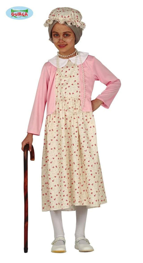 Child wearing a child granny costume 3-4 years with floral dress pink cardigan bonnet and cane