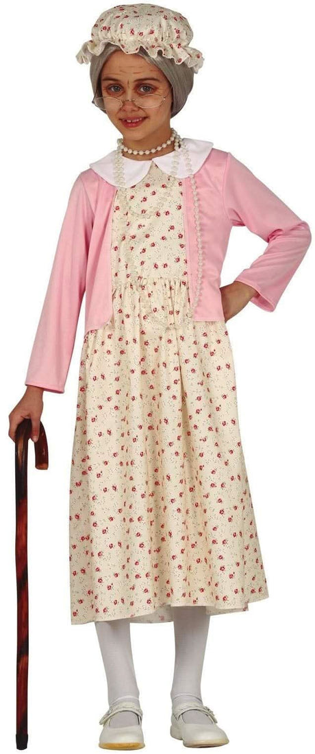 Child wearing child granny costume 5-6 years with floral dress pink cardigan and granny hat holding cane