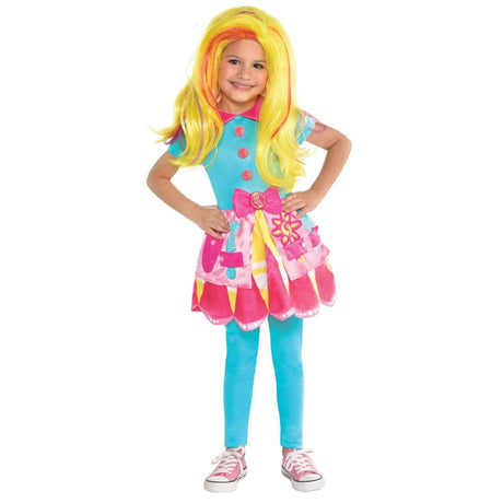 Child wearing a colorful child hairstylist costume with bright yellow wig and pink accents