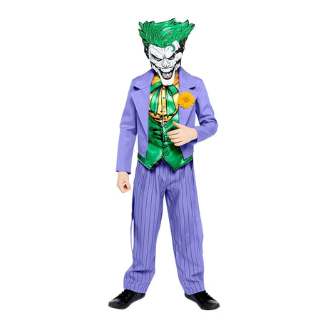 Child wearing a child joker costume comic style with green hair and purple pinstripe suit