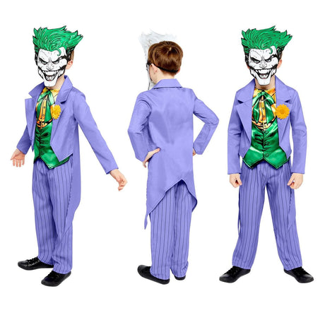Child wearing a colorful child joker costume comic style with green hair, purple suit, and green vest from Fancy Dress