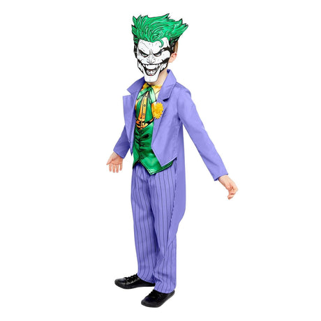 Child wearing a child joker costume comic style with green hair mask, purple suit, and striped pants