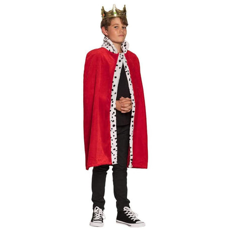 Boy wearing child king robe costume with red cape and gold crown from Kids Fancy Dress