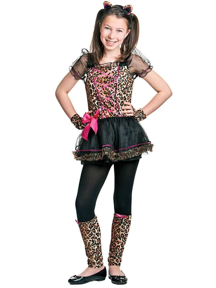 Girl wearing a child leopard costume with leopard print dress, ears headband, gloves, and leg warmers
