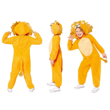Child wearing orange child lion onesie costume with mane hood tail and beige belly from multiple angles
