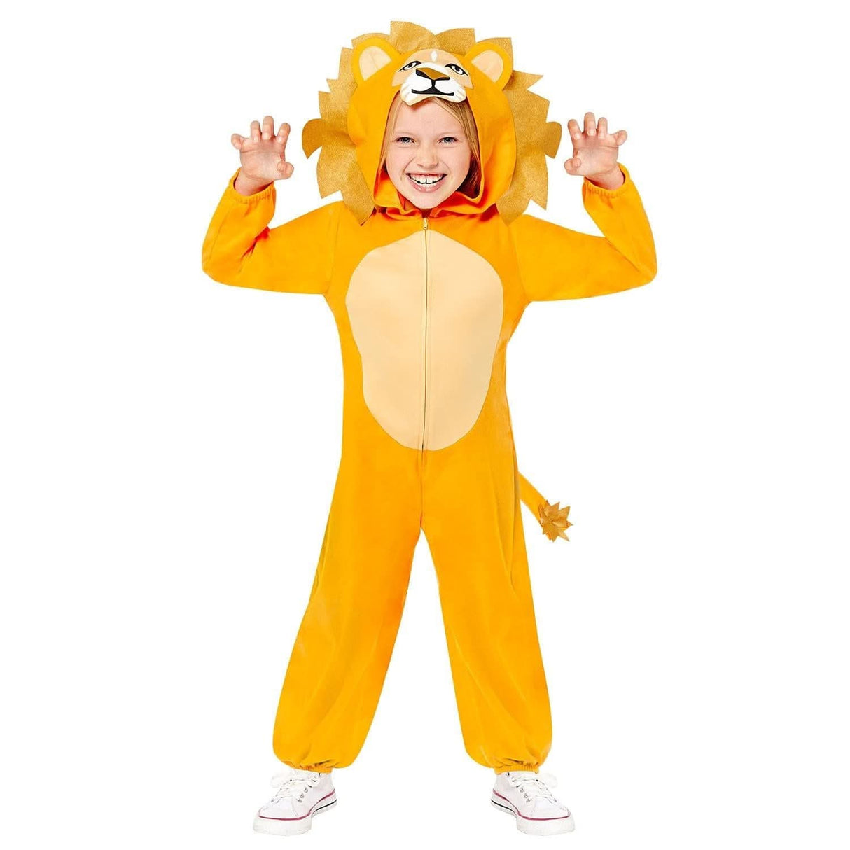 Child wearing a bright yellow child lion onesie costume with a mane hood and tail