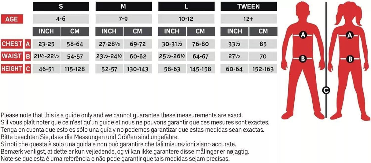 Measurement chart for child mad hatter costume sizing including chest and height in inches and centimeters