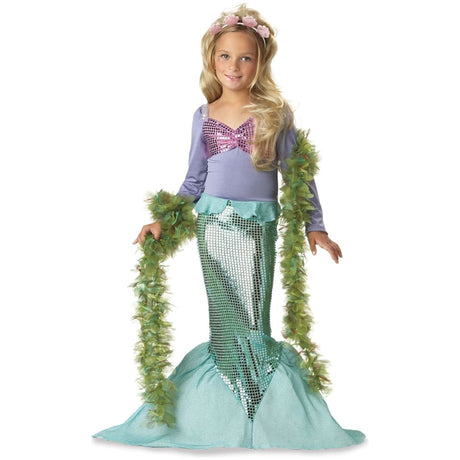 Child mermaid costume X-Small with shiny green tail and purple top by Girls Fancy Dress