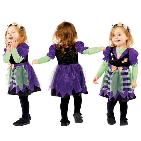 Child wearing purple and green child miss frankie costume with black shoes from Fancy Dress