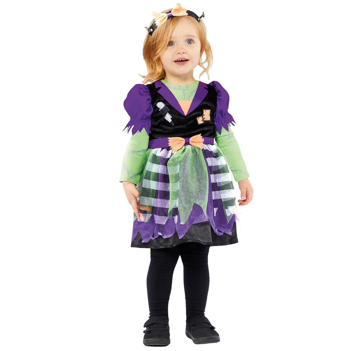 Toddler girl wearing a child miss frankie costume with purple and green dress and black leggings