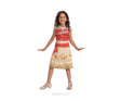 Child wearing a vibrant red and beige child Moana costume with ocean and tribal patterns