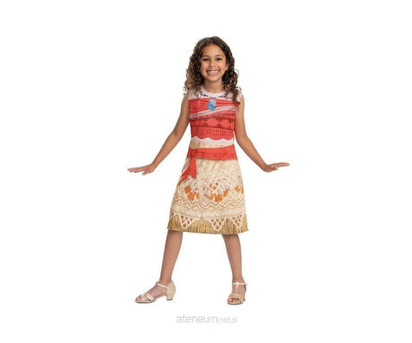 Child wearing a vibrant red and beige child Moana costume with ocean and tribal patterns