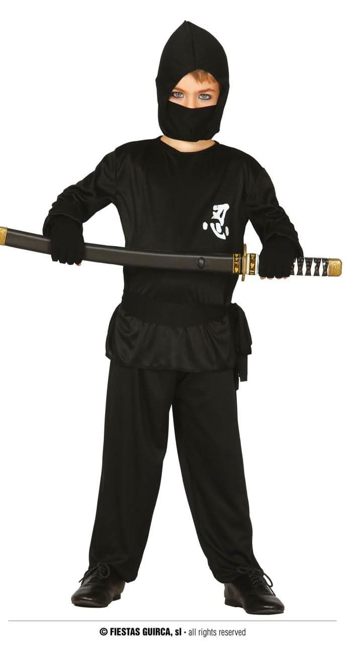 Child wearing Child Ninja Costume 7-9 Years holding a sword in black ninja outfit